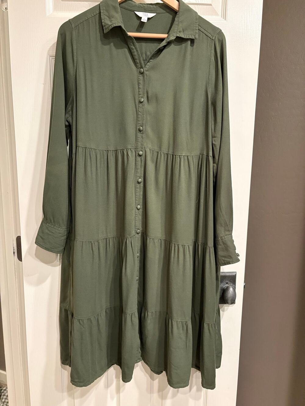 TIME AND TRU Olive Green Casual Midi Dress Size XL / 2XL Tiered Skirt Modest